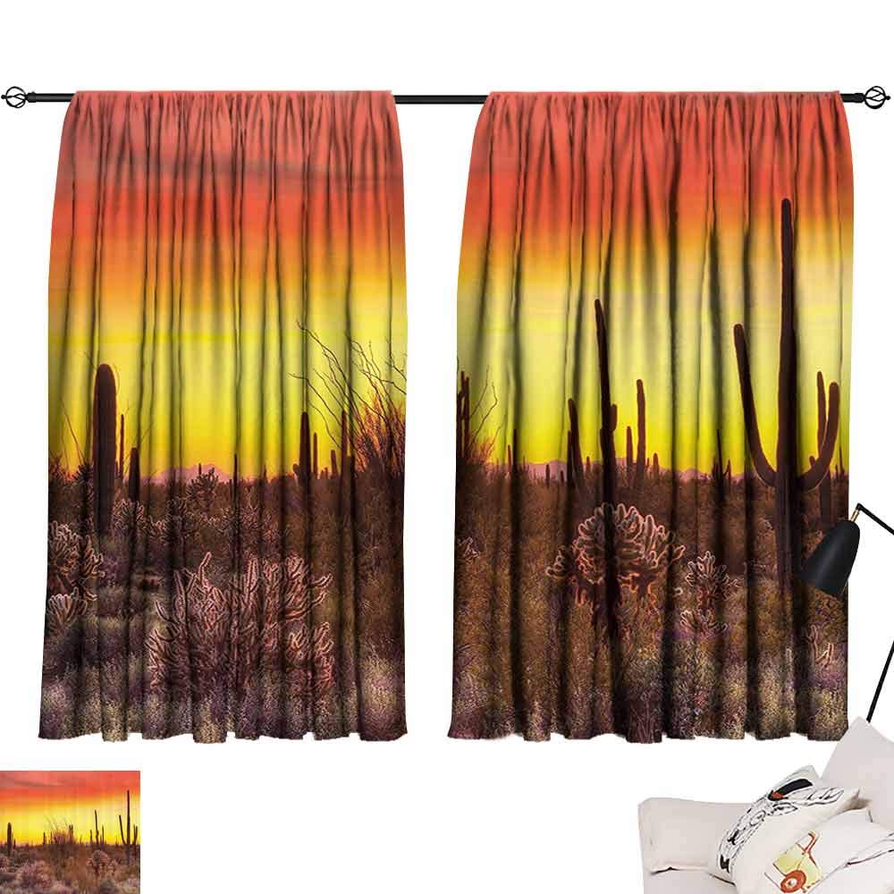 Bedroom windproof curtain Saguaro Cactus Decor Collection Downlights over Sonoran Desert at Sunset Bottlebrush Shrub Vibrant Colors Image Bedroom balcony living room W55" x L72" Yellow Olive