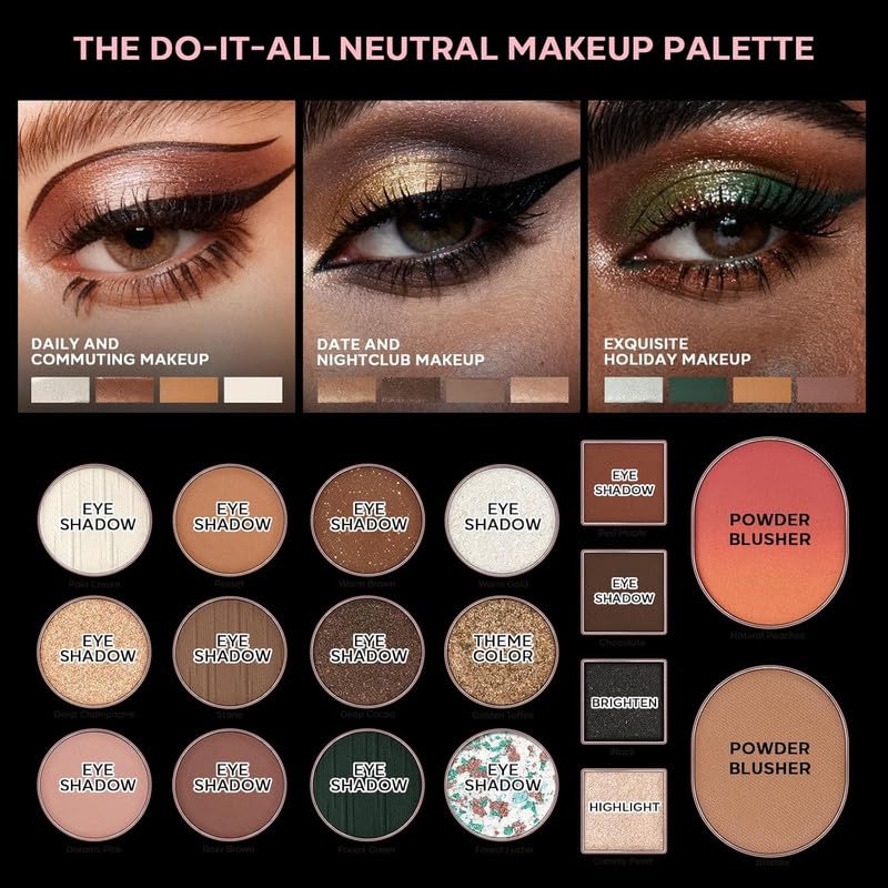 5-in-1 Backed Eyeshadow Makeup Palette with Blush Bronzer Highlighter, Natural Nude Eye Shadow Palettes 18 Colors Matte Shimmer Glitter Tone Long Lasting Smudge-Proof, Ideal Gifts for Women - Image 3