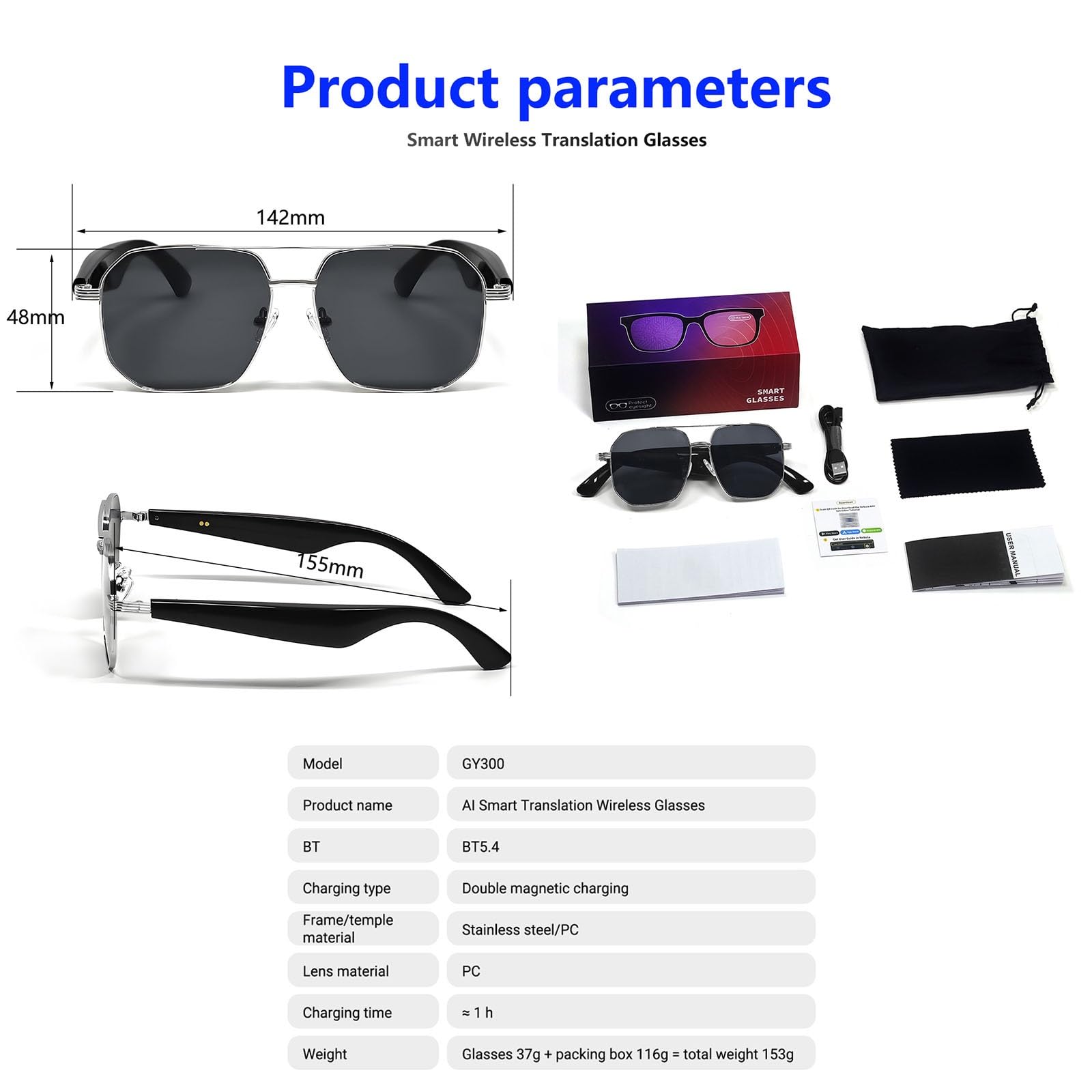 Lunettes Connectées Avec AI, Lunettes Musicales Bluetooth Avec Plus 100 Traductions, Verres Dégradés Anti-lumière Bleue, Lunettes Audio Avec Appels Mains Libres, Lunettes Casque(Blue)