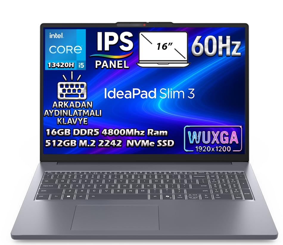 Lenovo IdeaPad Slim 3 16IRH10 Intel Core i5-13420H 16GB 512GB SSD 16' WUXGA (1920x1200) IPS Panel Freedos Taşınabilir Diz&uuml;st&uuml; Bilgisayar 83K20073TR