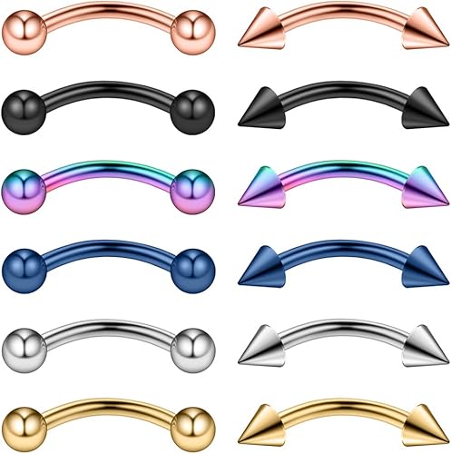 Ruifan 12 piezas de acero quirúrgico 14G para cejas, oreja, ombligo, labio, piercing corporal, joyería