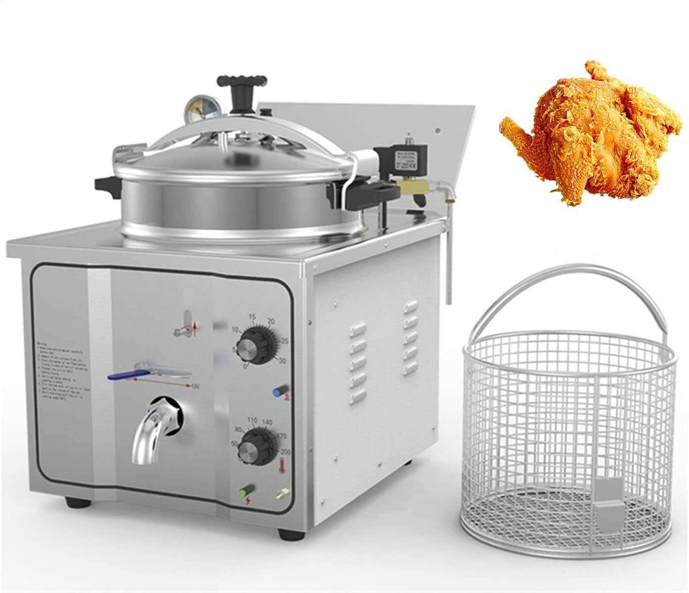 HCZKIUJY 3KW Commercial Deep Fat Fryer,16L Stainless Steel Countertop Electric Pressure Air Fryer,with 50-200℃&0-30 Minutes Timer, for French Fries