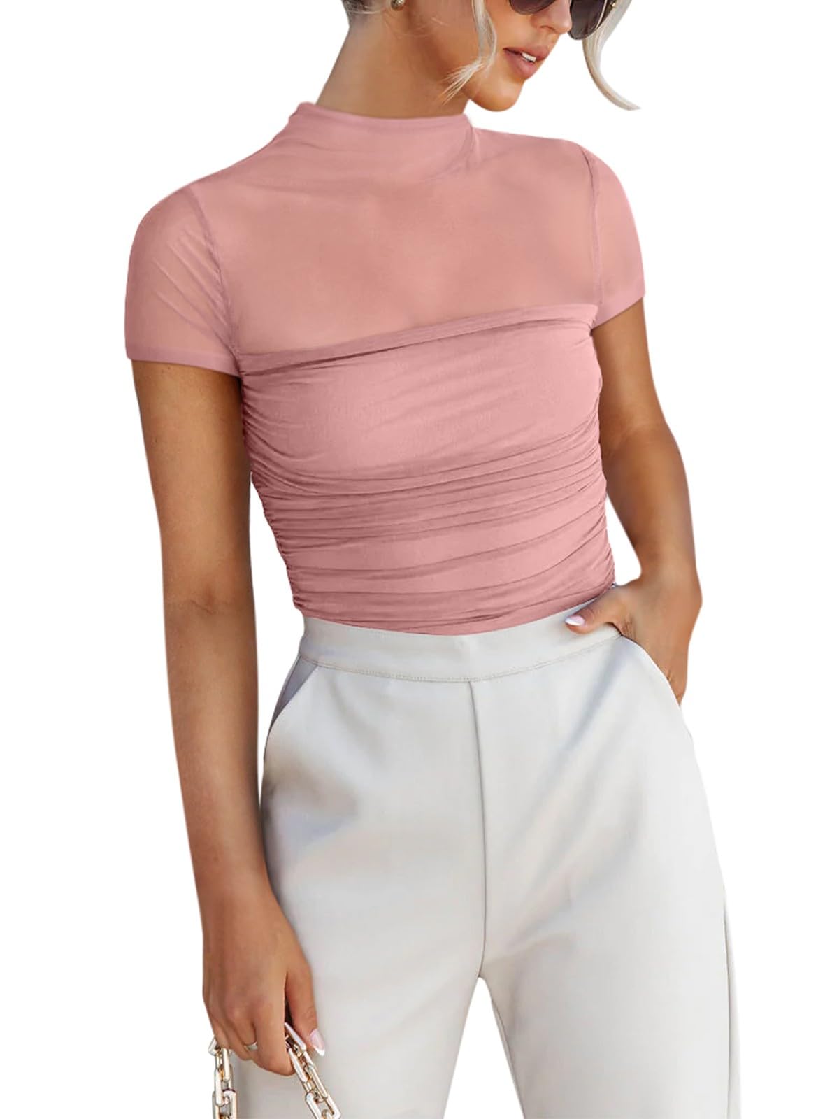 REORIA Women's Sexy Mock Turtle Neck Short Sleeve Shirts Sheer Mesh Ruched Trendy Going Out Bodysuits Tops