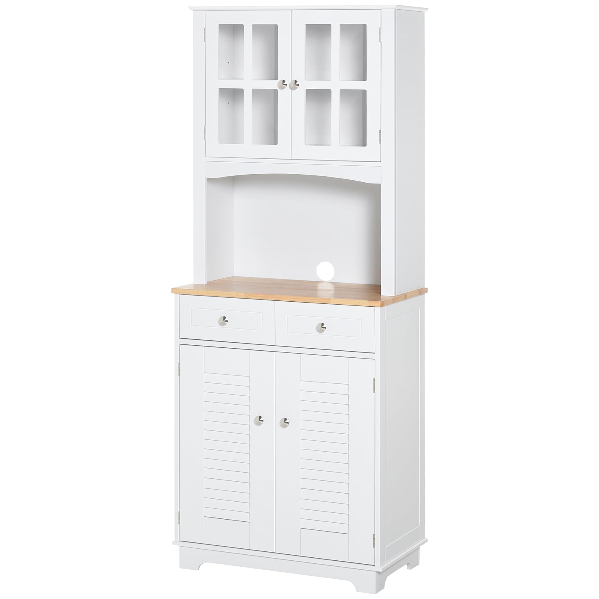 HOMCOM Kitchen Cupboard, Free Standing Kitchen Unit, Tall Storage Cabinet with Louvered Doors, Glass Doors and 2 Drawers, White