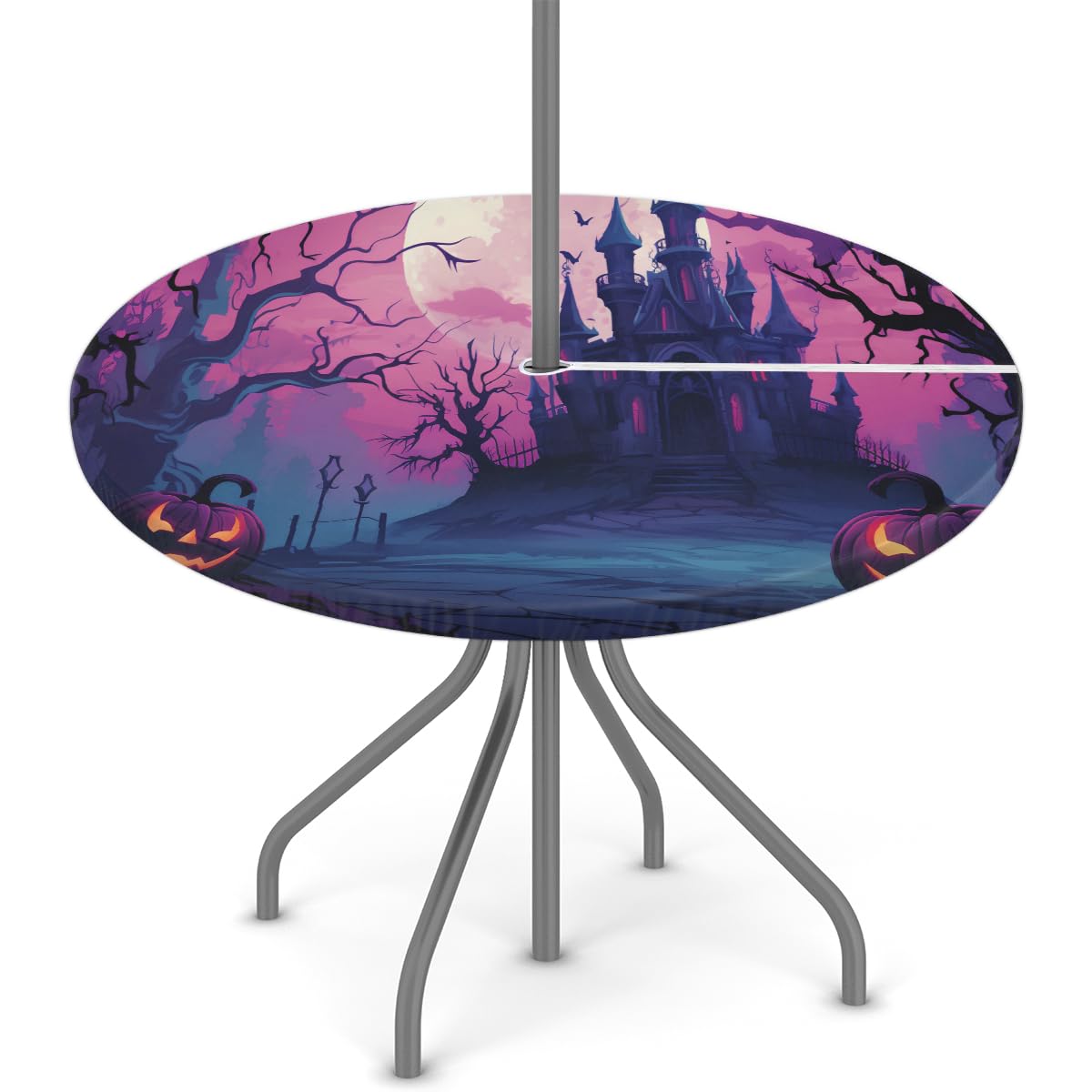 cfpolar Purple Halloween Pumpkin House Outdoor Round Fitted Tablecloth with Elastic Edge, Waterproof Table Cover with Umbrella Hole Table Cloth, for Party Family Dining Fits 36-44 in Diameter Table
