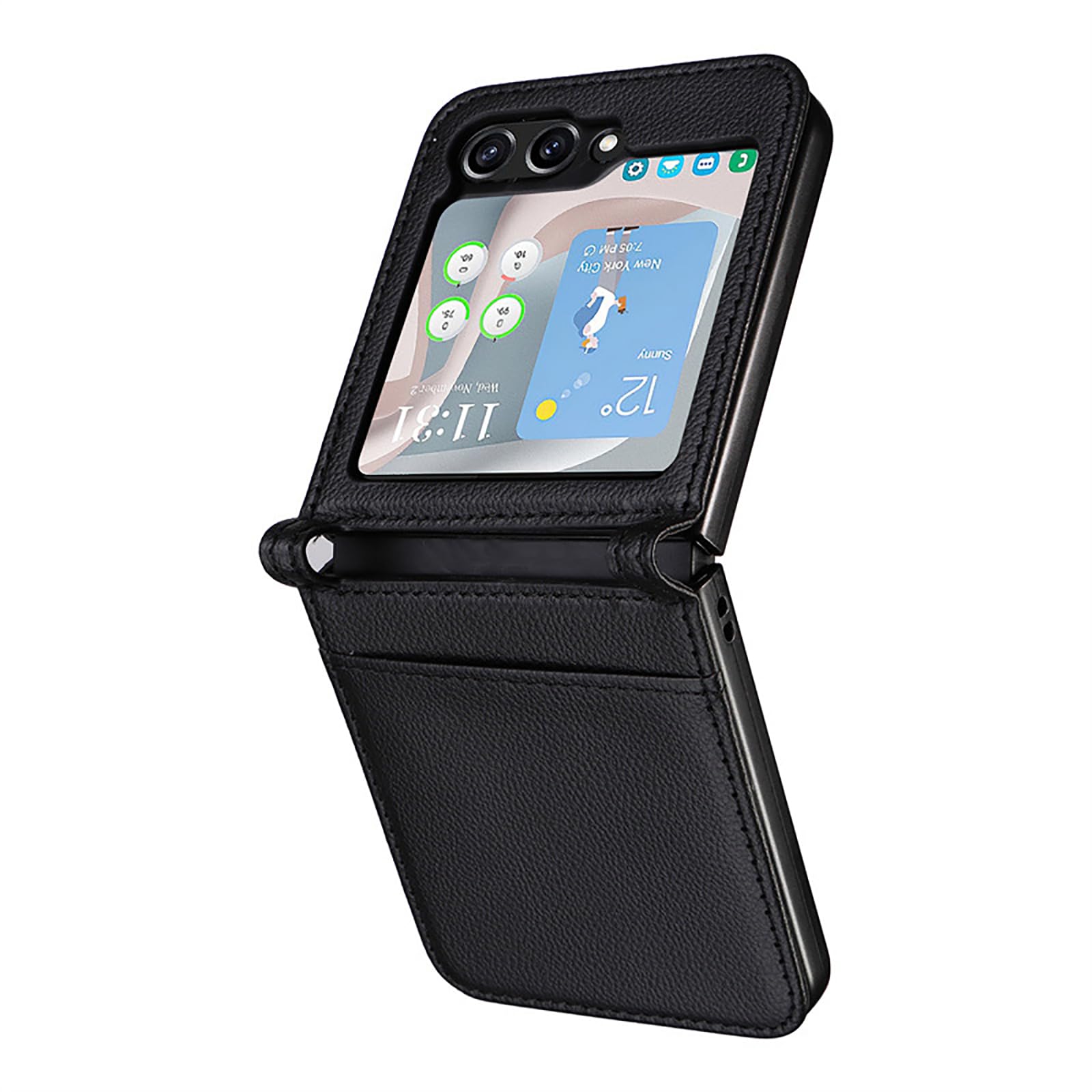 Smukłe etui do Samsung Galaxy Z Flip 6, minimalistyczny wzór liczi, jednoczęściowe skórzane etui z przegródką na karty, obsługa bezprzewodowego ładowania, jasnoniebieskie