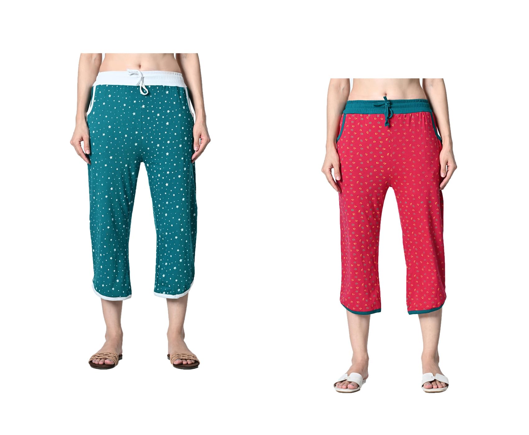 kayu Pack of 2 Women’s Cotton Printed Nightwear Capri with Both Side Pockets, Elastic Waist & Drawstring Nada, Soft Comfortable Sleepwear Capri Multicolor-picture-27