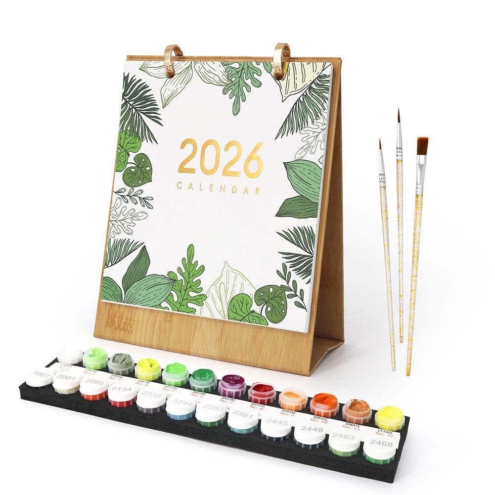 Paint by Numbers Calendar Kit, 2026 Calendar, 12 Month Standing Flip Planner, Monthly Desk Calendar with Pre-Printed Canvas & Paints, DIY Number Painting for DIY Home & Office Decor Gift (Plants)