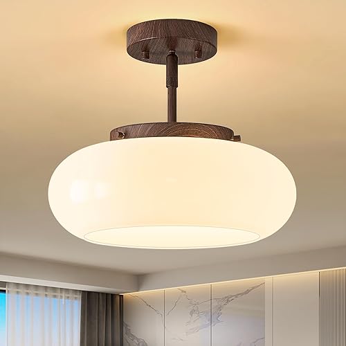 Miniatura 10 de Lámpara de techo semiempotrada moderna de mediados de siglo de madera sintética con pantalla de cristal, lámpara de techo blanca vintage para