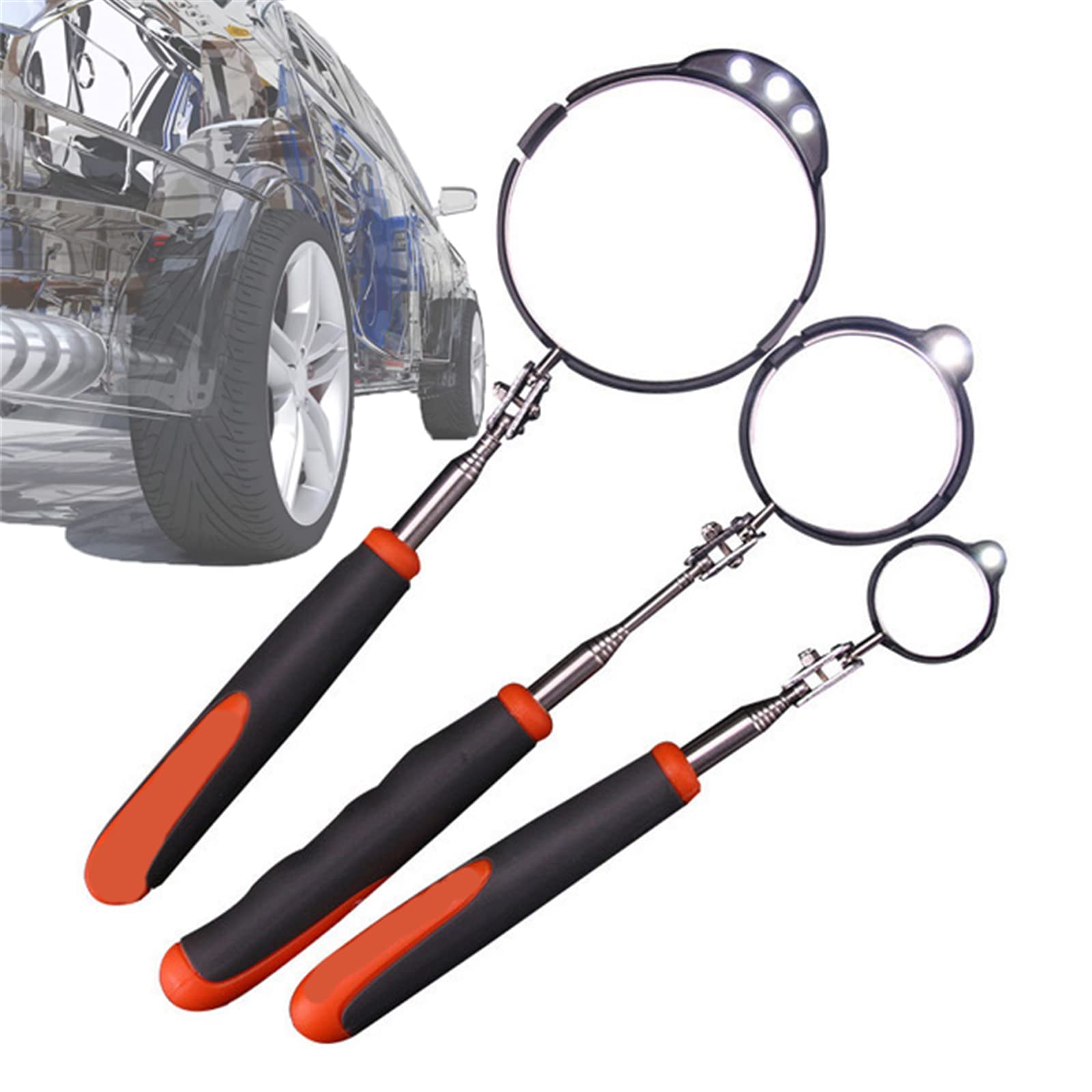 Miroir d'inspection télescopique avec éclairage, 3 pièces, pour Inspection sous véhicule, Entretien du châssis, Longueur télescopique 760 mm/910 mm/940 mm