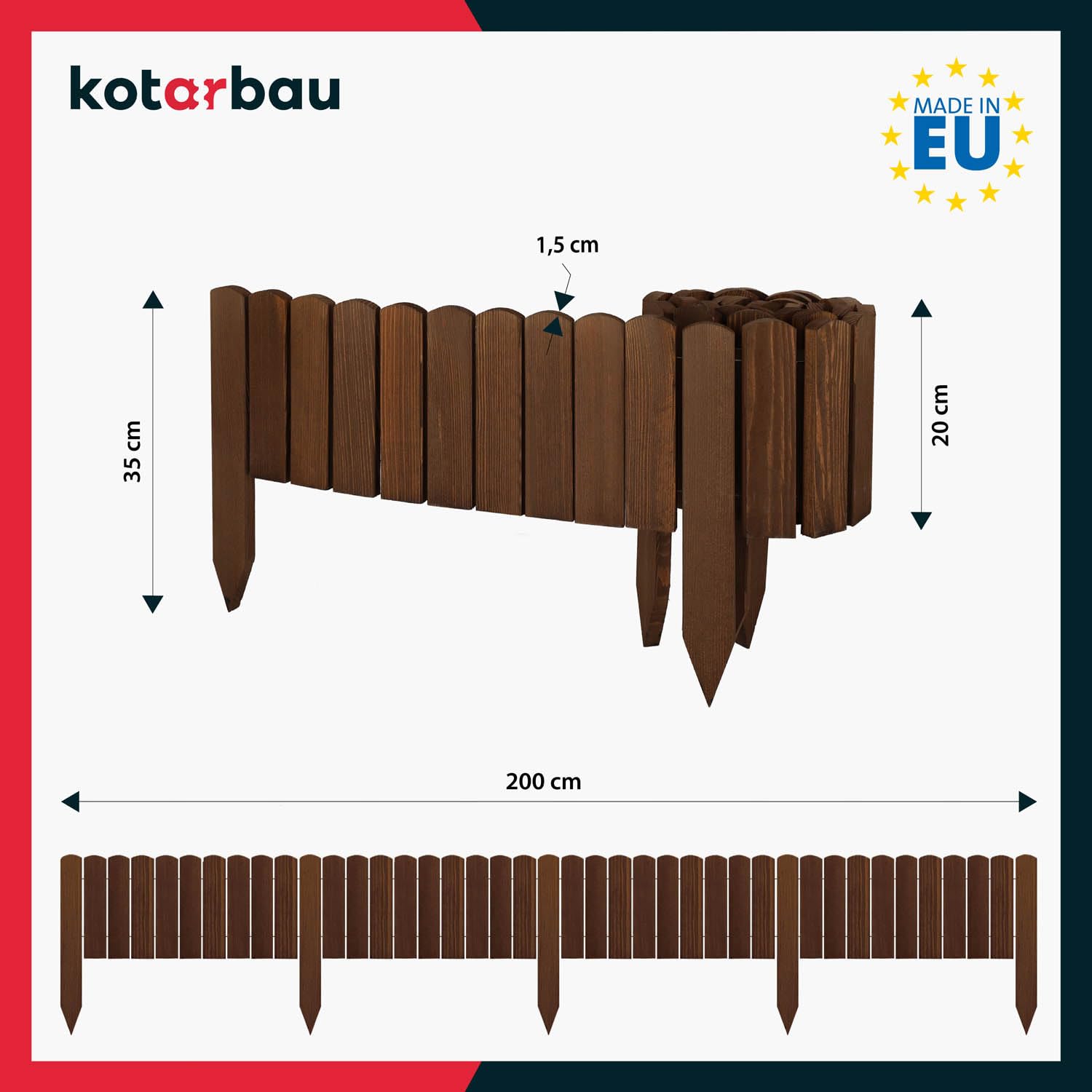 KOTARBAU® Bordura Madera - Valla Baja para Jardin - 200 x 20 cm - Bordura de Jardín - Marrón - Vallas de Madera