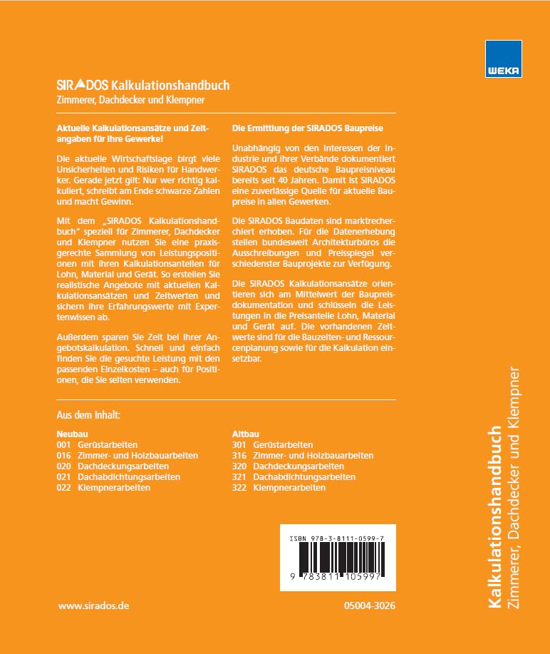 SIRADOS Kalkulationshandbuch 2026 - Zimmerer, Dachdecker, Klempner: Das praktische Nachschlagewerk für die Angebotskalkulation. Mit aktuellen Kalkulationsansätzen!