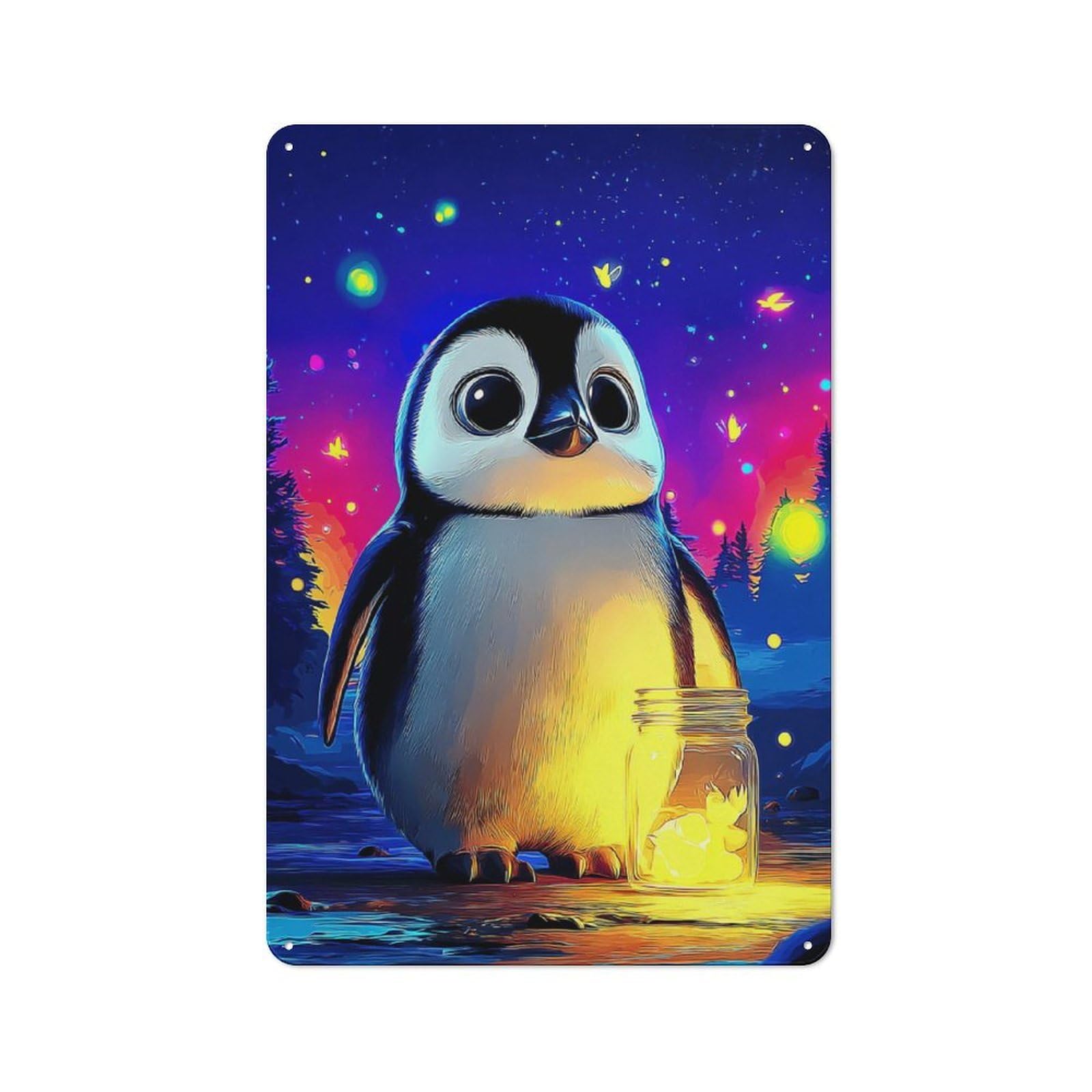 Penguin with Glowing Jar -4 Rustic Metal Wall Decor 30x20cm, Rustic Metal Sign for Farmhouse Kitchen, Pantry Or Dining Area