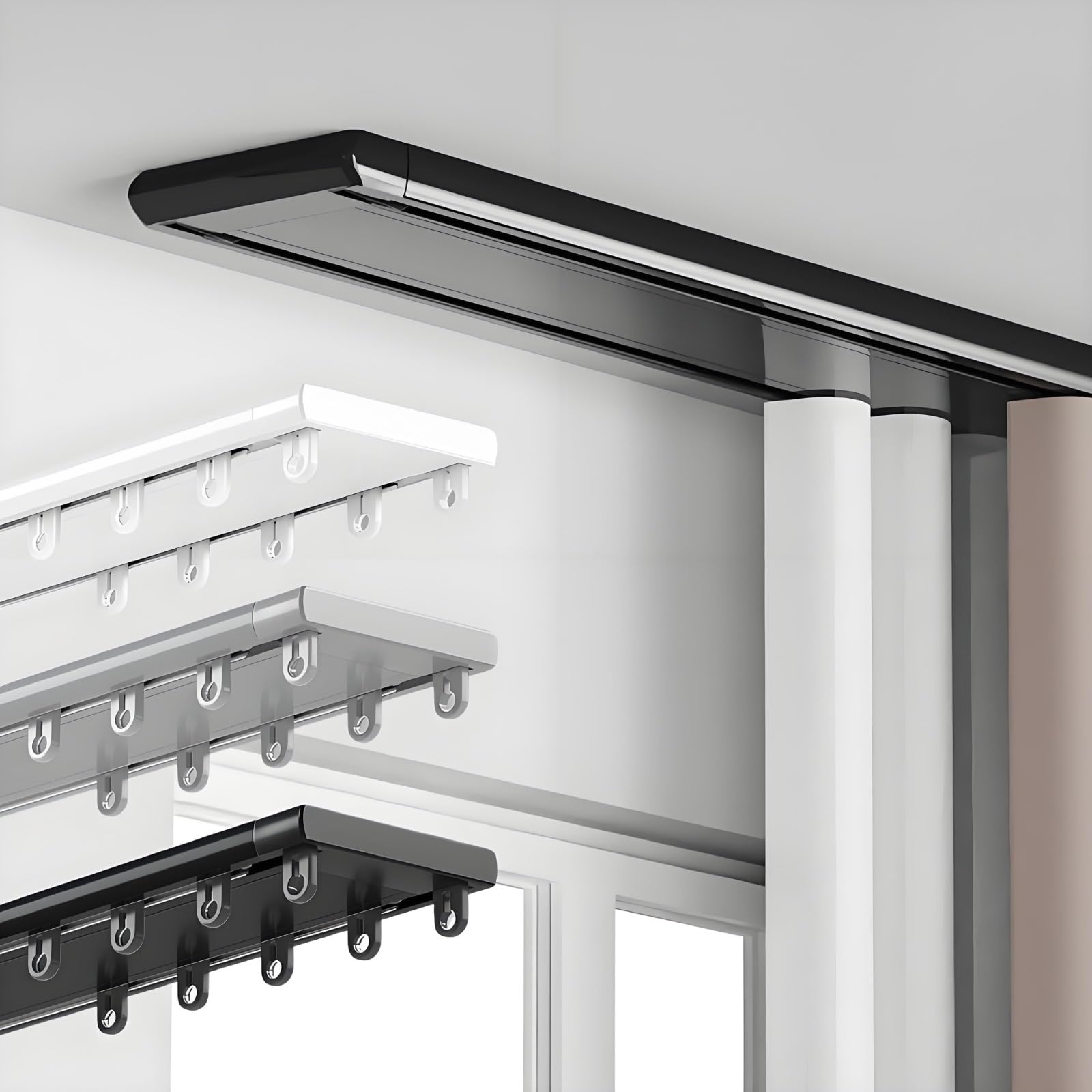 Double Ceiling Curtain Track 1m-6m Heavy Duty Aluminum Curtain Slider With Hook, Heavy Duty Double Curtain Rod For Bedroom, Living Room, Window, Hotel(Black,4.3m/14.1ft)