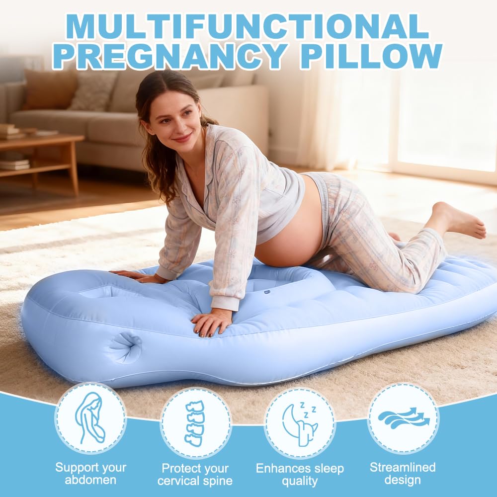 Aufblasbares Schwangerschaftskissen, Yogamatte für Schwangere mit Loch, Tragbares Kissen zum Schlafen, Beflocktes PVC Luftbett (Blau)