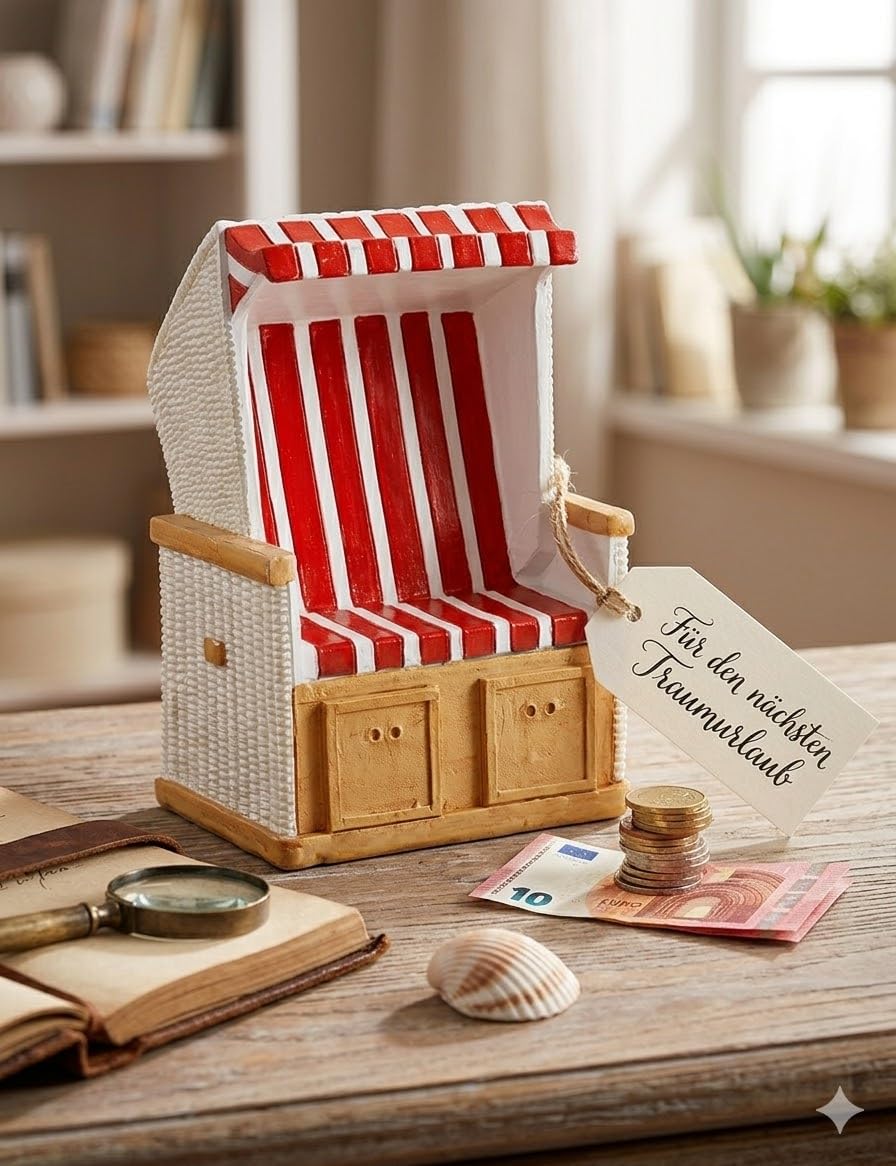 Salvadanaio a forma di poltrona da spiaggia – design marittimo – cassa vacanza & cassa da viaggio Sparbox – regalo in denaro per vacanze e fan del mare – 11,5 cm (blu)
