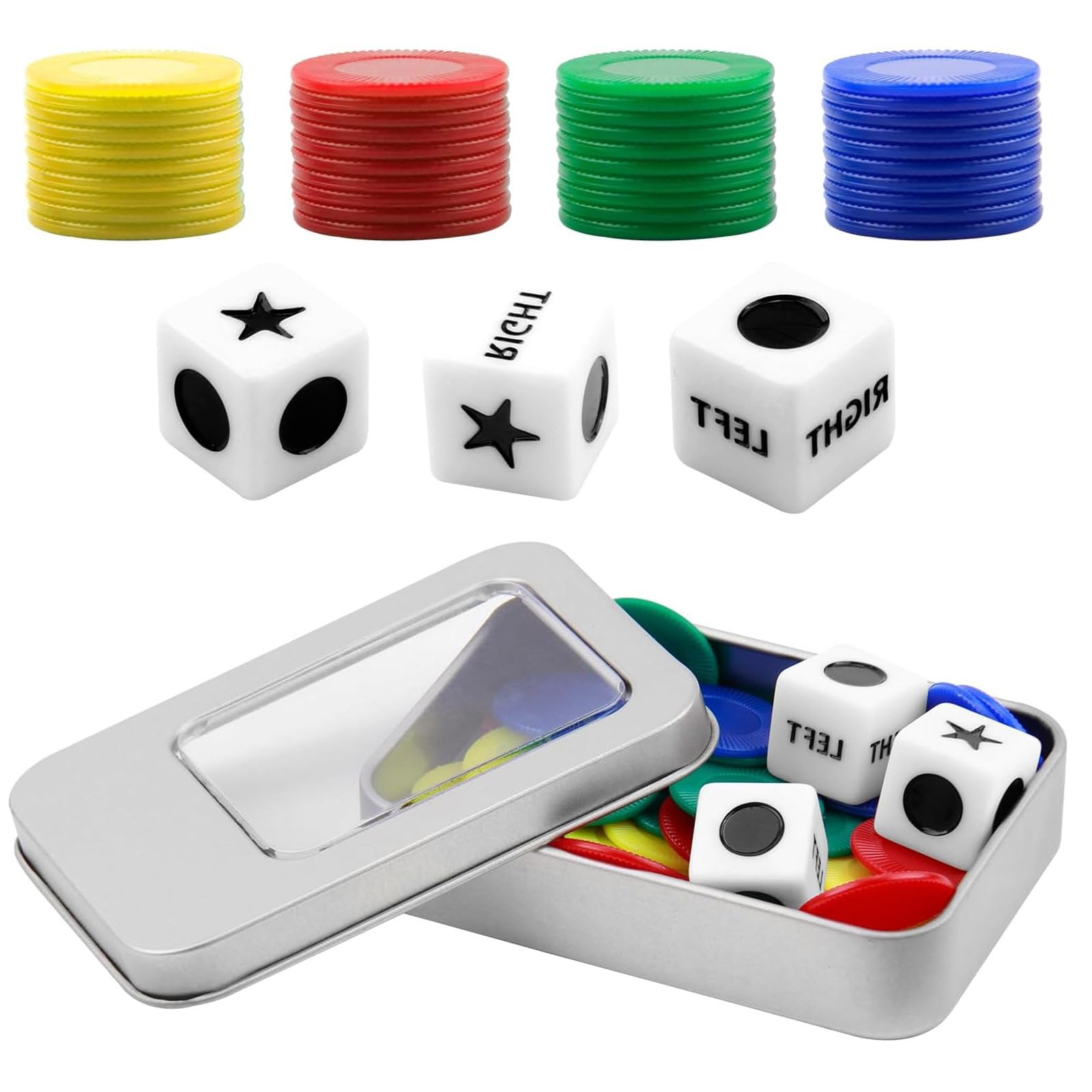 Left Right Center Dice Game, 3 Dices and 40 Colorful Chips with Storage Box Portable LRC Dice Game Set for School Family Friends Gatherings Party