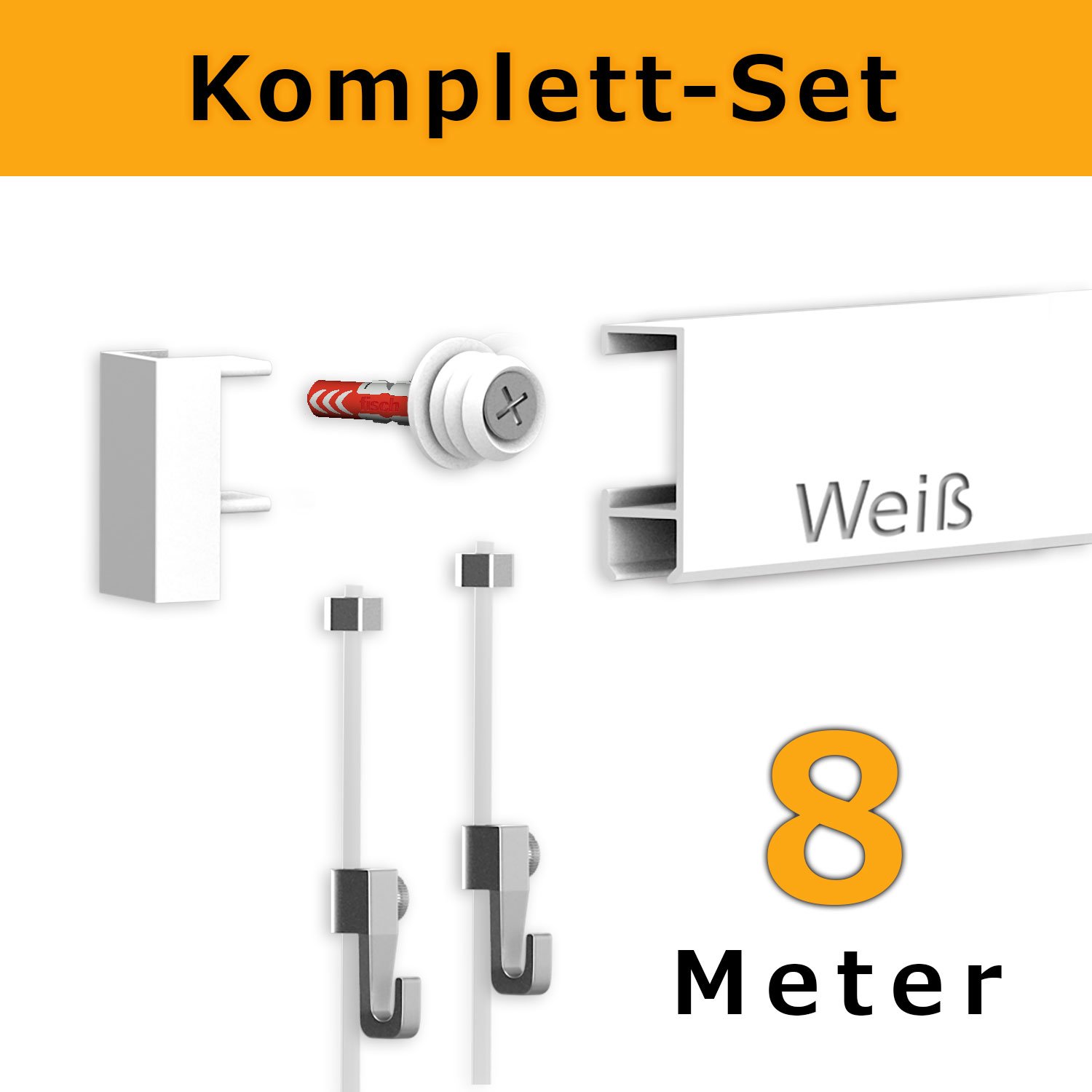 hang-it Komplettset - Galerieleisten Bilderleisten - 8 Meter inkl. Bilderhaken, Seile und Montagematerial