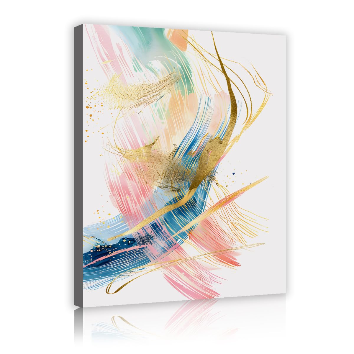TOANGWALL Blush Pink Blue Abstract Framed Canvas Wall Art Modern Gold Lines Foil Brush Stroke Picture Gallery Wrapped Poster for Living Room Bedroom Decor 70x100cm