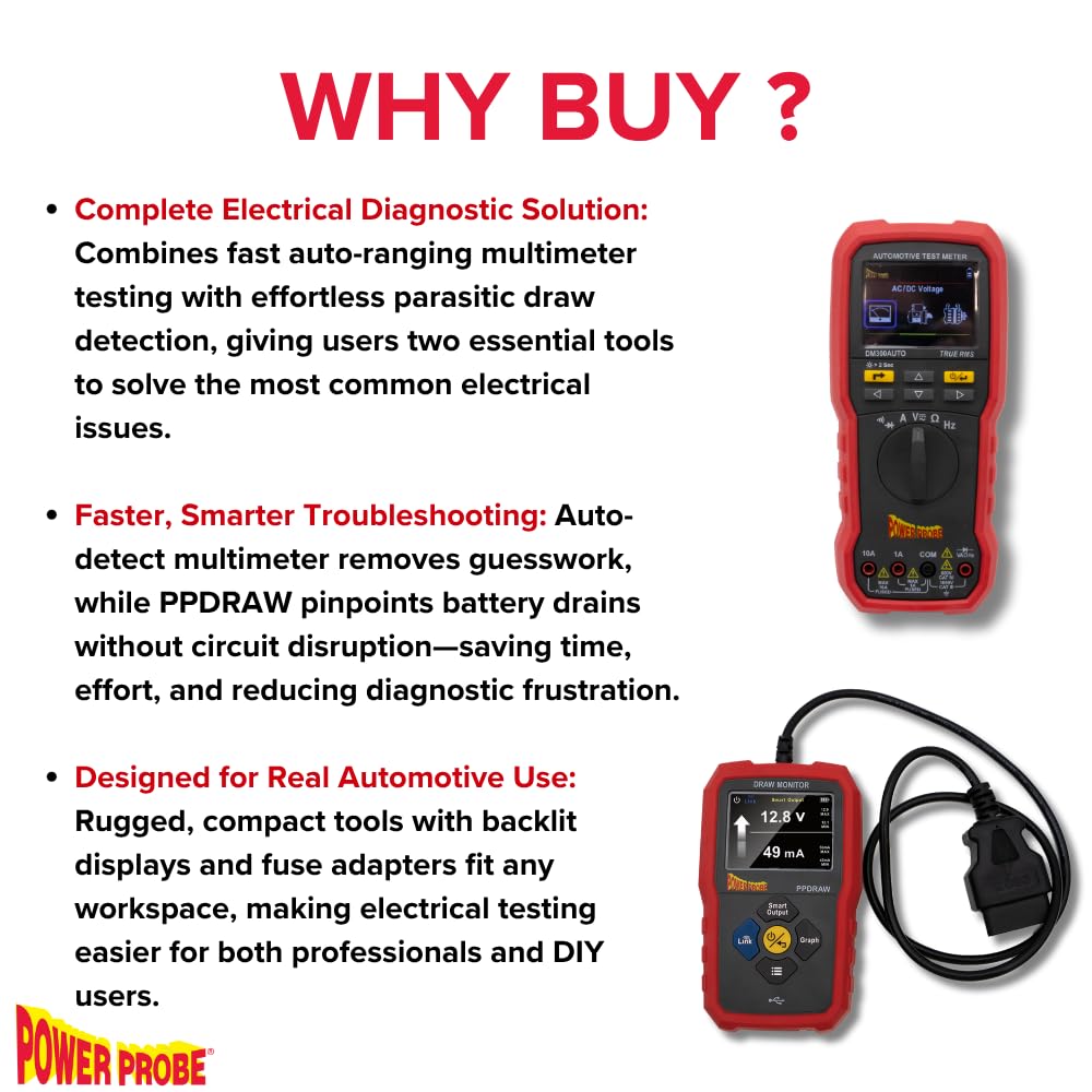 Power Probe DM300AUTO y PPDRAW Kit Diagnóstico Eléctrico, Multímetro True RMS con Monitor OBDII de Consumo Parasitario, Tests Batería y Carga 12V 24V