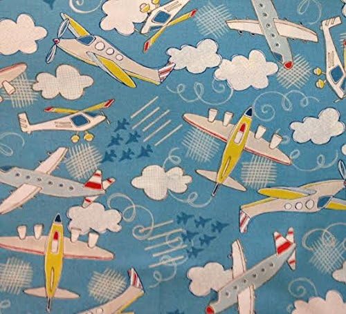 "Plane Time" Airplanes on Light Blue Cotton Fabric (Great for Quilting, Sewing, Craft Projects, Throw Pillows & More) 1/2 Yard x 44"