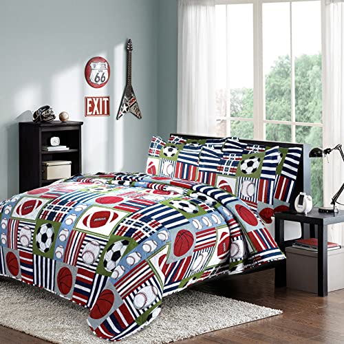 Boys Girls Plaid Sport Bedspread Coverlet Rugby Football Soccer Basketball Baseball Printed Bedding Set,All-Season Reversible Quilt Set Twin Size For Teens,Children,Sports Fans (Twin,Multi) #TOP6