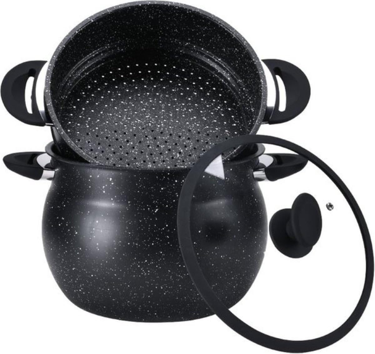 Royal Swiss® Couscous- & Dampf-Topf 12 L – Aluminium mit Stone-Beschichtung – Für alle Herdarten inkl. Induktion – Glasdeckel mit Dampfauslass – Schwarz (12L)
