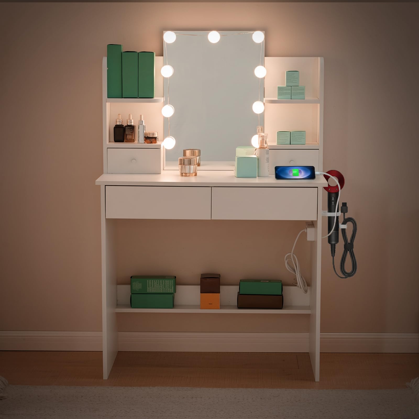LEADZM Schminktisch mit LED-Beleuchtung & Spiegel, 3 Farben Verstellbarer Helligkeit, Frisiertisch mit 4 Schubladen, Steckdose & Föhnhalter(Weiß, 85x40x130 cm)