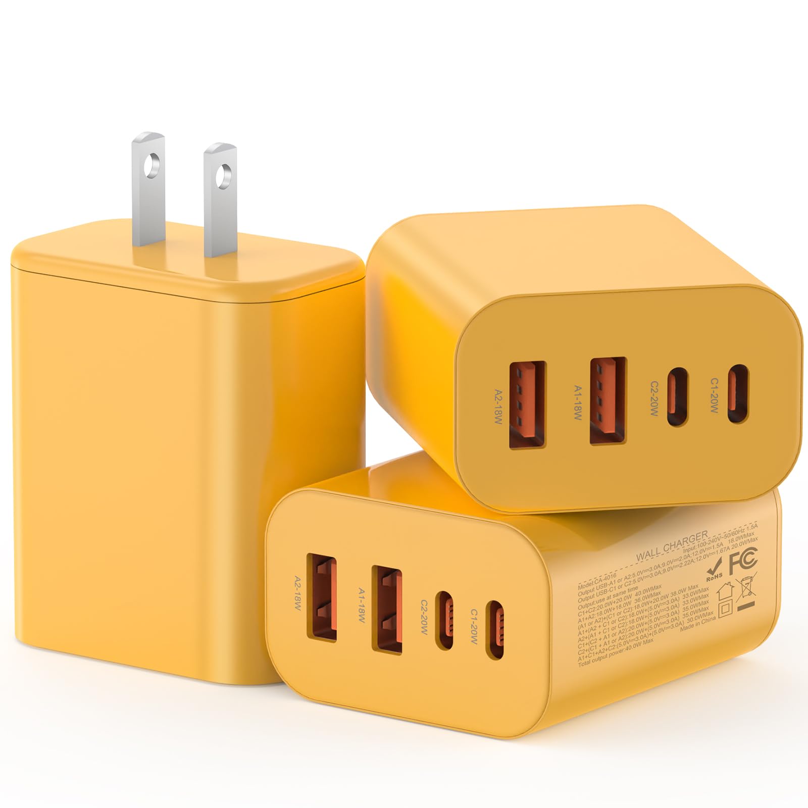USB C Charger Block, 3-Pack 40W Wall Plug Fast Charging Block, 4-Port PD + QC Power Adapter Type C Charging Blocks Cube, Compatible with iPhone 17/16/