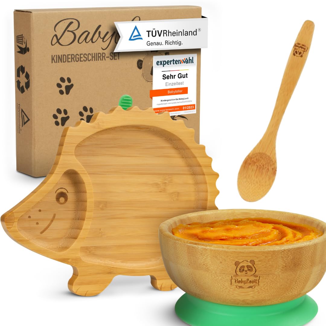 Babylovit Bambus Kinderteller & Schssel | TV Geprfter Baby Teller mit  Saugnapf & Esslernbesteck | BLW Beikost Zubehr | Esslernlffel Baby  Melamin & BPA frei | Kinder Teller mit Saugnapf : Amazon.de: Baby