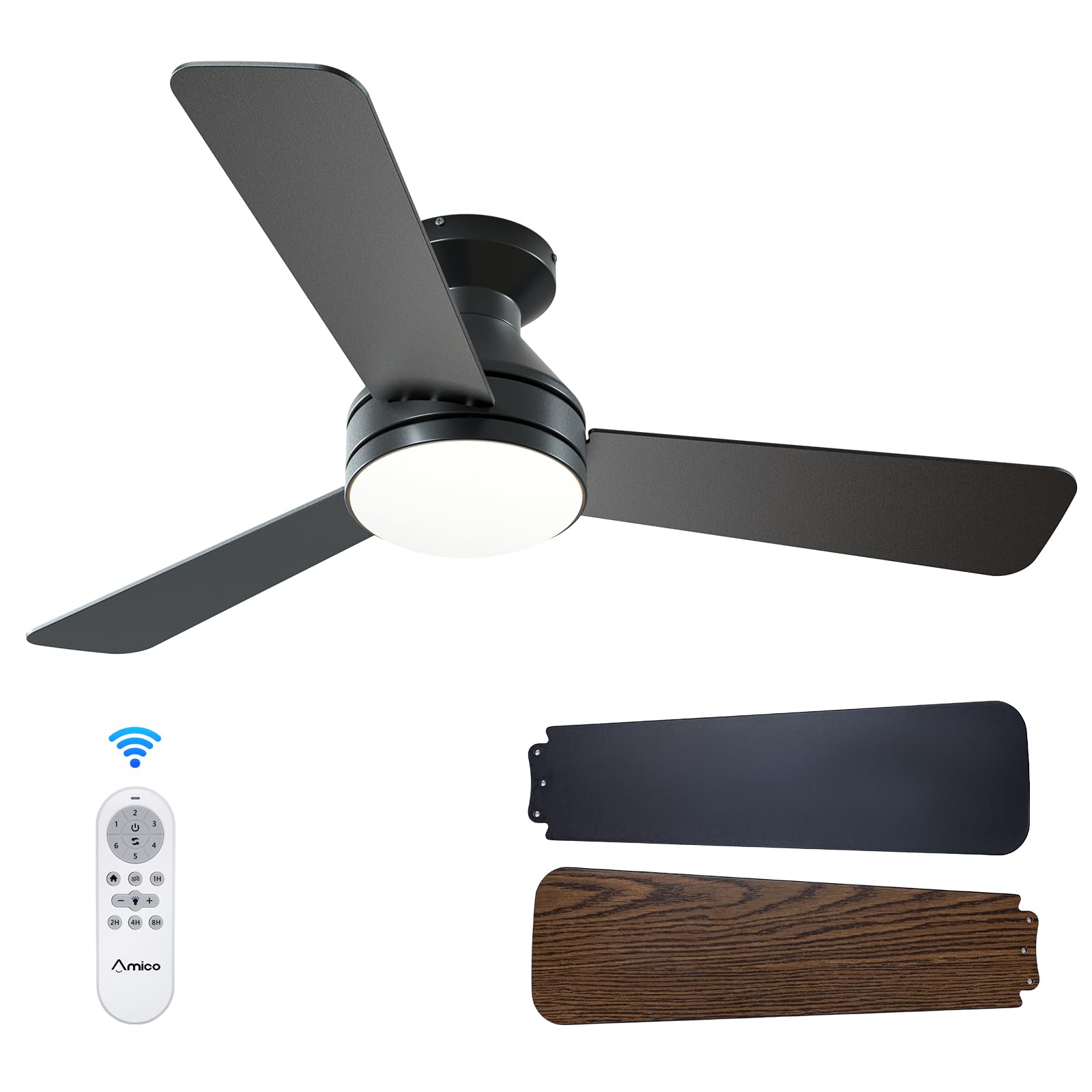 Amico Ceiling Fans with Lights, Low Profile Ceiling fan with Light and Remote Control, Flush Mount, Reversible, 3CCT, Dimmable, Noiseless, Black Ceiling Fan for Bedroom, Indoor/Outdoor Use
