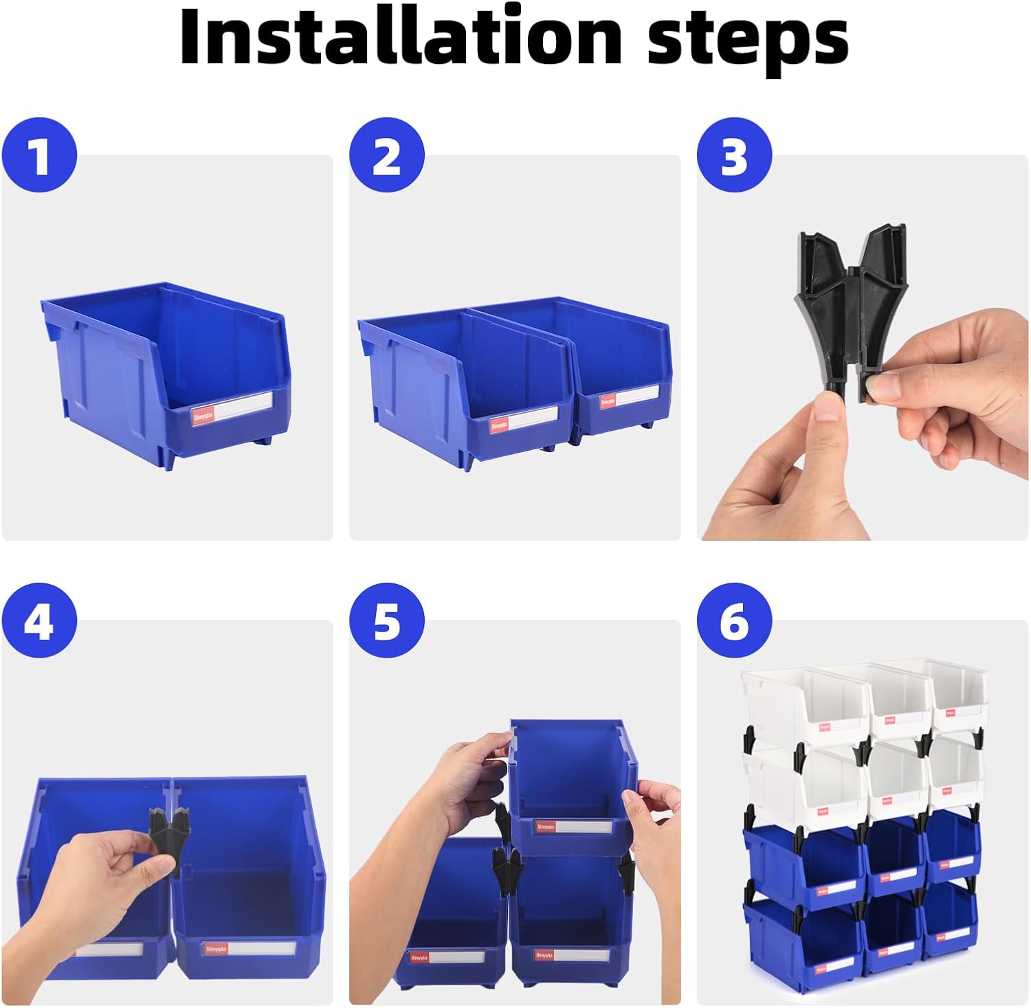 Stackable Storage Bins 12 Pack (7x5x4 Inch), Plastic Stackable Storage Organizer Bins Wall Mounted Hanging Small Parts Bin for Garage, Workbench & Office (Blue & White) - Image 3