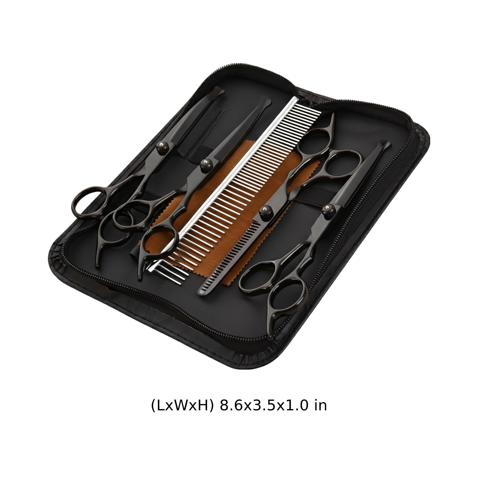7-tlg. Hundepflegescherenset, gerade Schere, Effilierschere, gebogene Hundescheren, Stahlkamm, Reinigungstuch und Etui, 15,2 cm aus rostfreiem Stahl, für Fellpflege zu Hause
