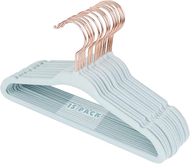 ManGotree Baby Velvet Hangers with Rose Gold Hook, Infant and Toddler Hangers, 28cm No-Slip Children Hangers, Ultra Thin Space Saving, Sturdy & Durable Kids Clothes Hangers 15 Pack(Blue)