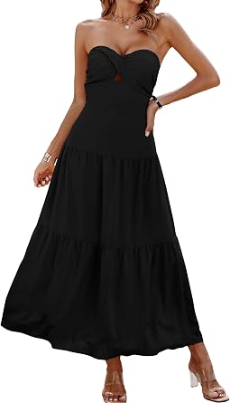 ECOWISH Womens Summer Strapless Maxi Dress 2026 Off Shoulder Hollow Out Smocked A Line Tube Tiered Long Dresses