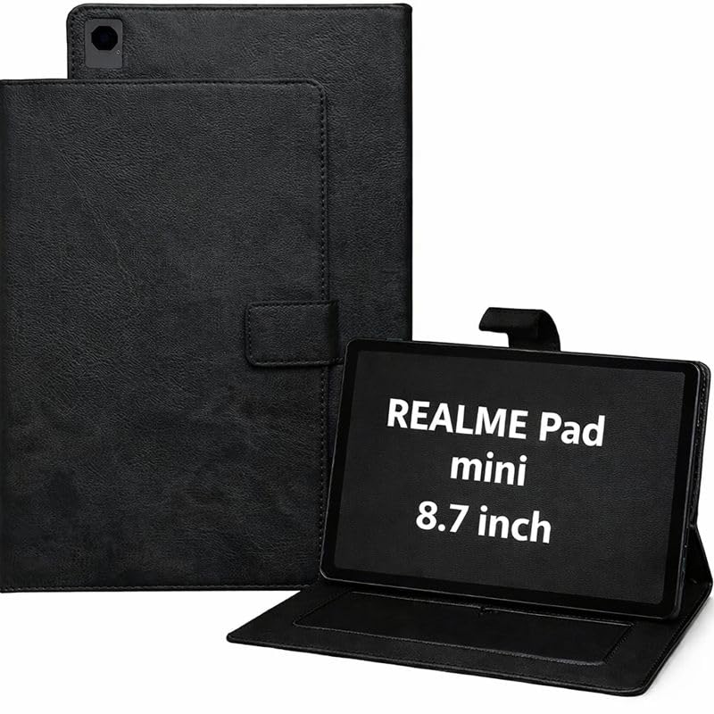 Image of Leather Folio Flip Stand Case Cover for Realme Pad Mini 8.7 Inch Tablet, Solid Pattern, 200 Grams (Black)