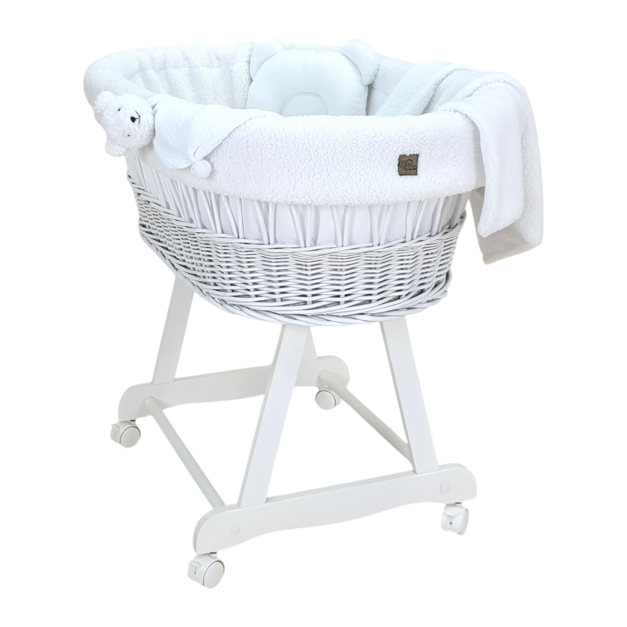 Wiklinopol Culla Amelia – Cestino Moses bianco intrecciato a mano con struttura e materasso – Set biancheria Teddy 5 pz. Bianco – Portatile con ruote – Ideale per neonati