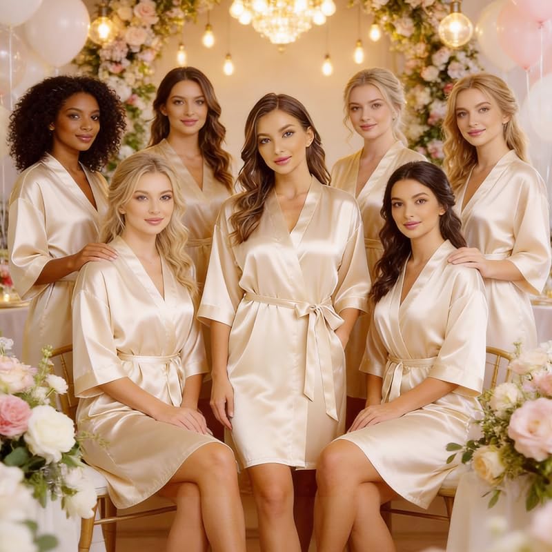Image of Women's Bride Bridesmaid Robes Short Satin One Size Silver Rhinestones Wedding Party Getting Ready Sleepwear
