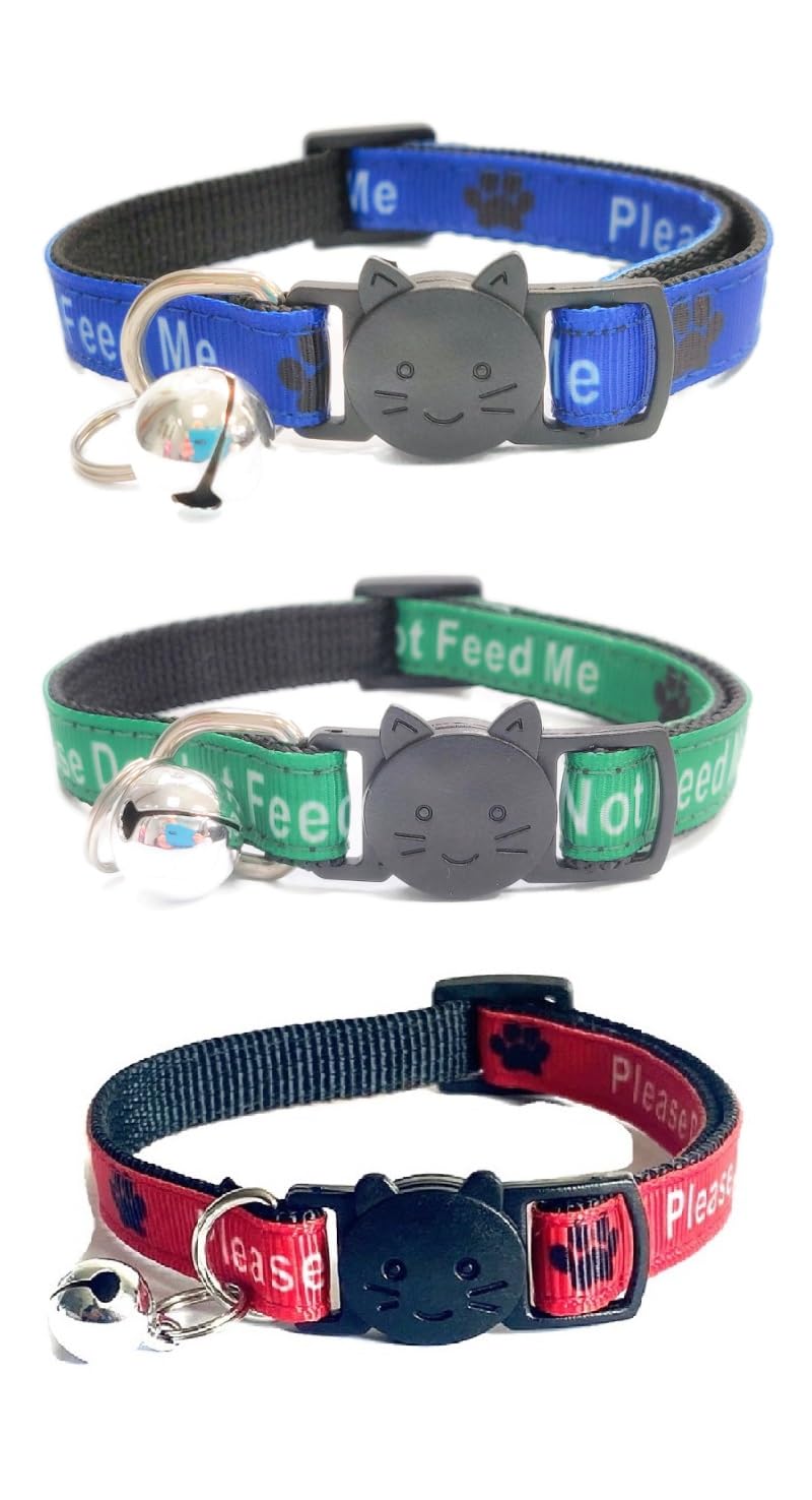 Worded Cat Collars with Bell - Please Do Not Feed Me, I Am Microchipped, 1. Blue/Green/Red, Please Do Not Feed Me, Pack of 3