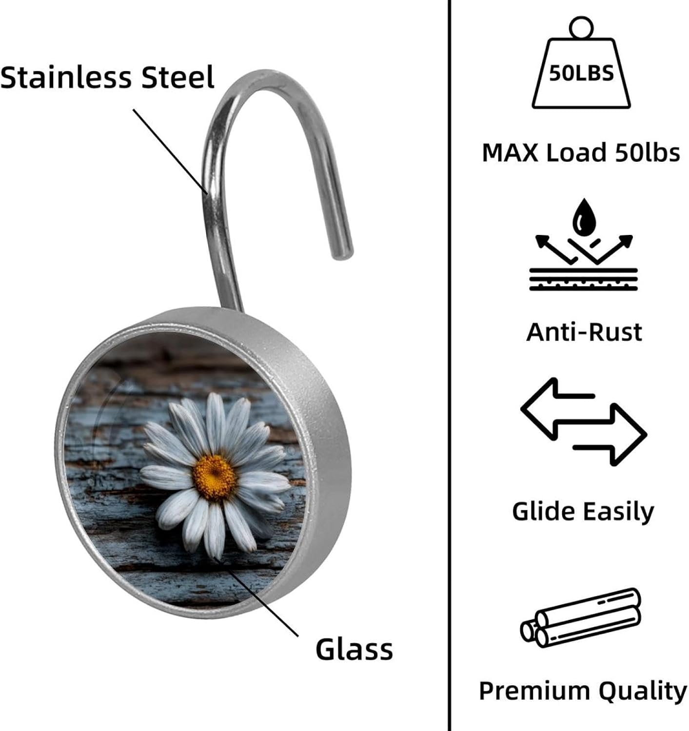Set of 12 Shower Curtain Hooks, Shower Curtain Rings Crystal Glass Decorative Bathroom Hook, Daisy on Old Wooden (4)