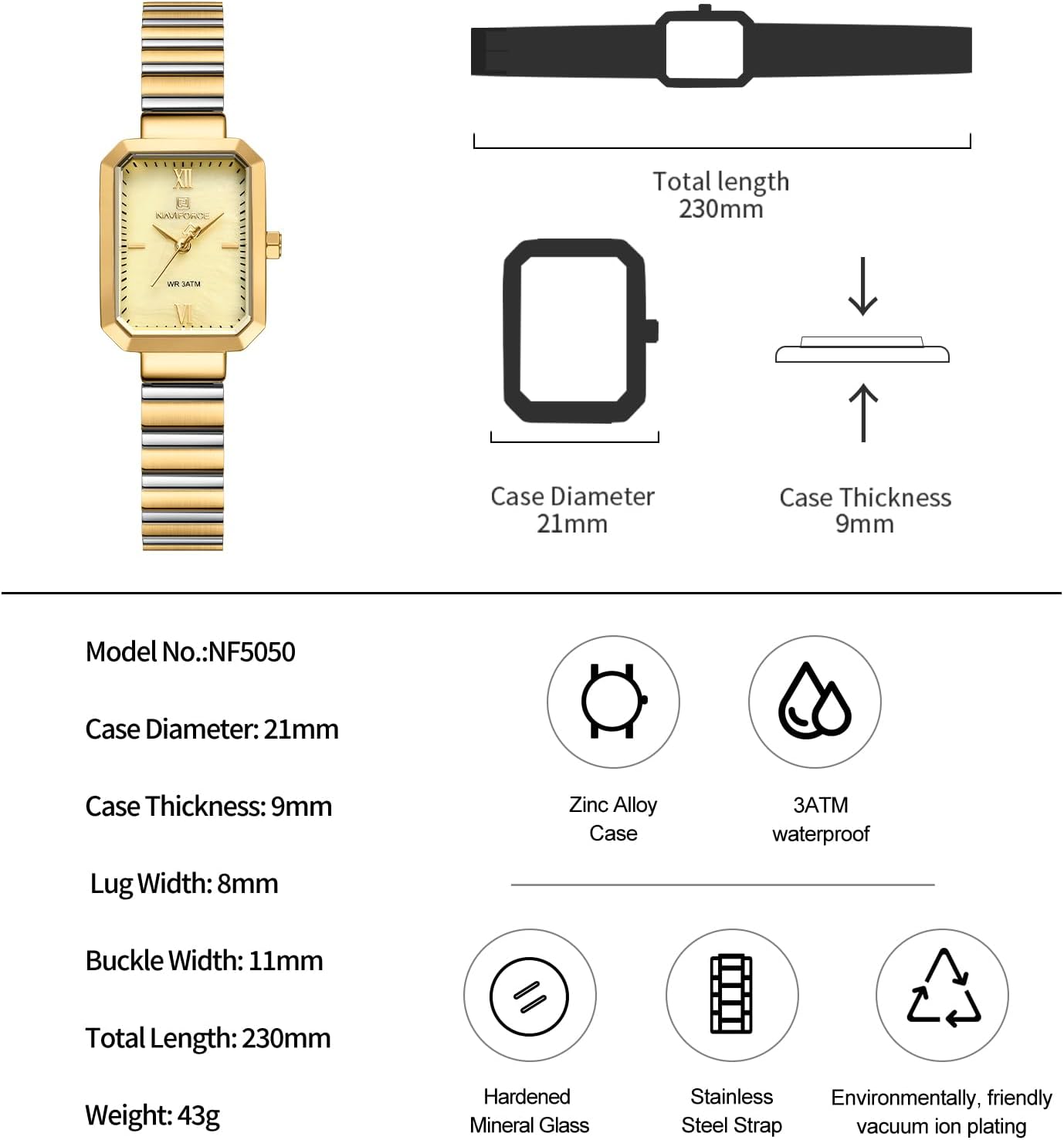 NAVIFORCE Woman Simple Retro Style Bracelet Stainless Steel Watches, Vintage Rectangular Case Watch for Women with Adjustment Tool - Image 5