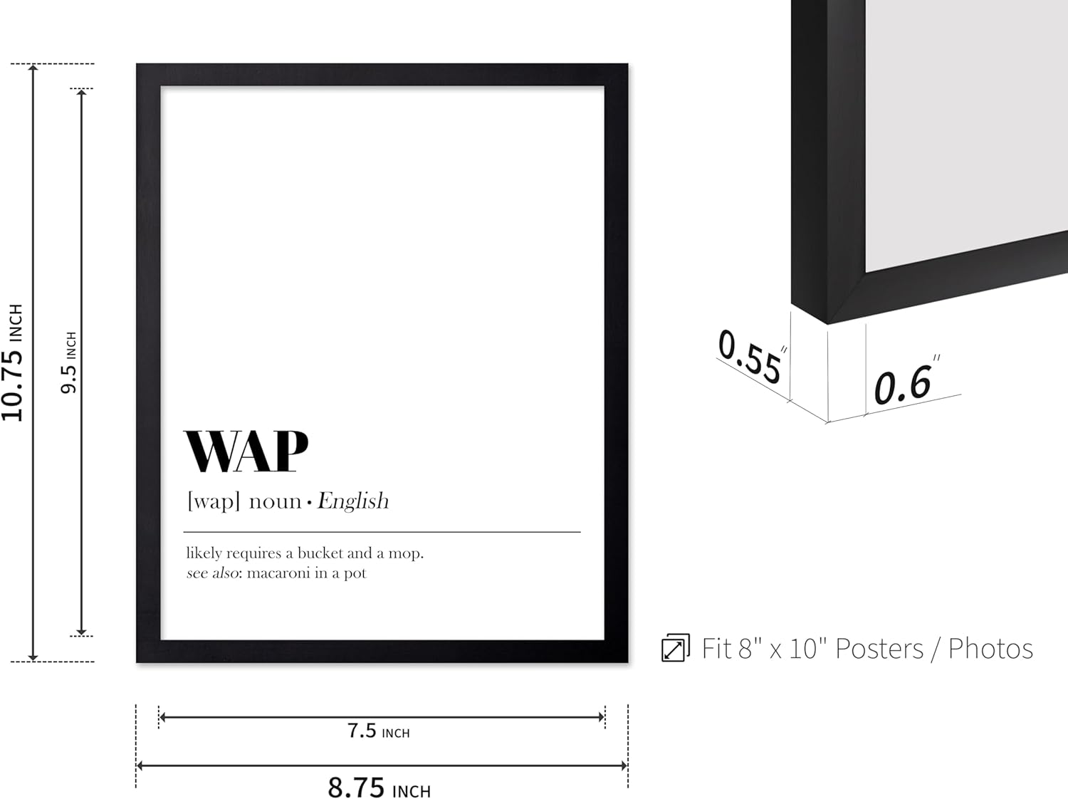 Poster Master Typography Poster - Dictionary Print - WAP Definition, Wet, Requires Bucket and Mop, Minimal, Funny - Gift for Girl, Friend - Wall Decor for Home, Bedroom, Dorm, 8x10 Black Framed