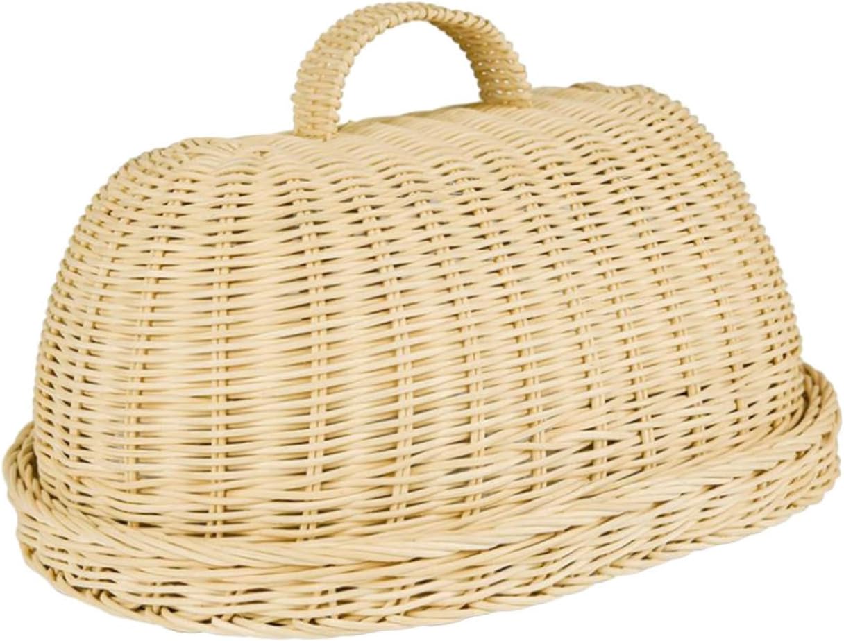 Luxshiny Rattan Food Cover with Storage Tray Kitchen Protective Dome Lid for Bread Fruit Snacks Woven Tray Basket Design Elegant Khaki for Kitchen Table Decor and Food Storage