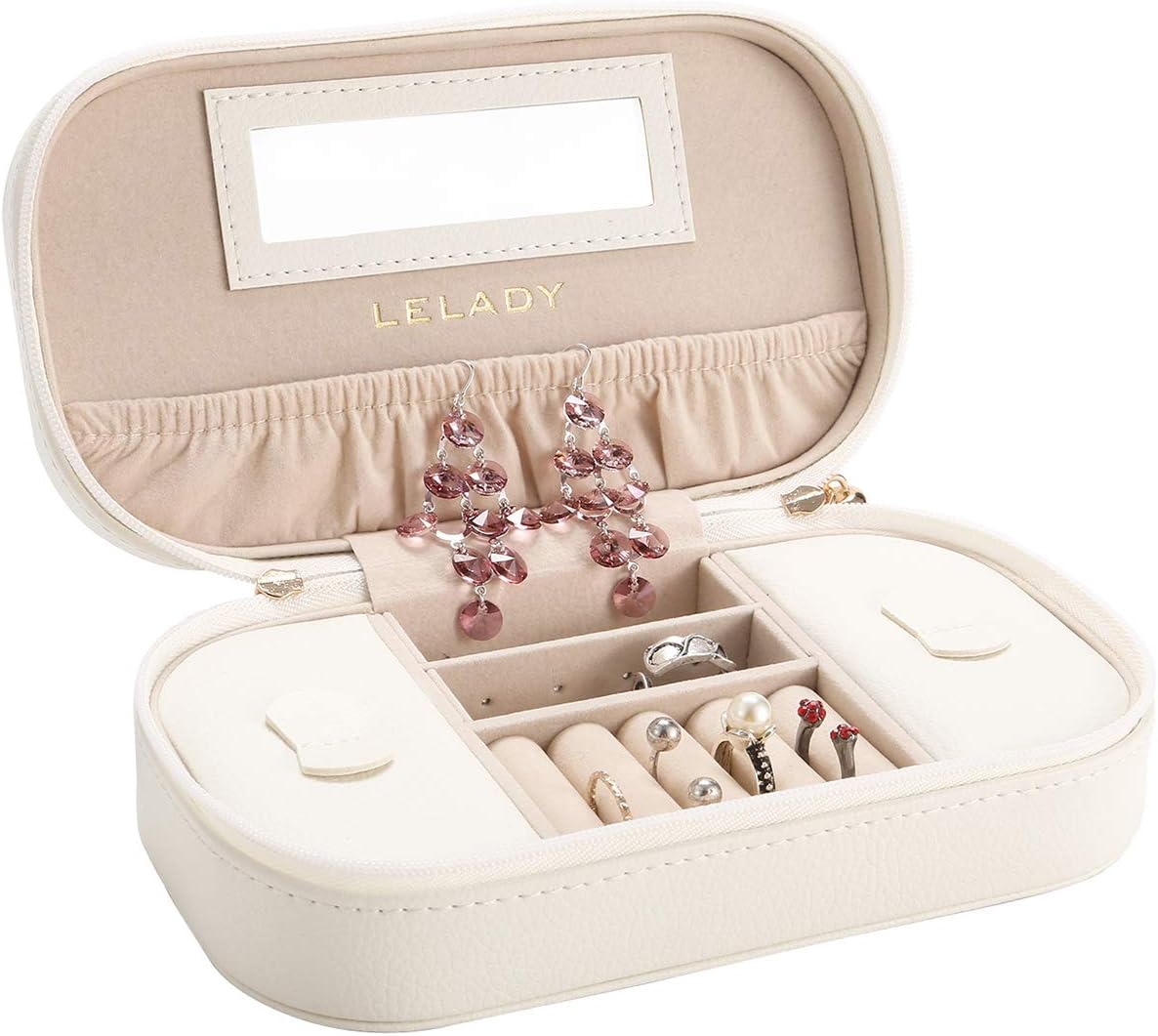 LELADY Small Jewellery Box Travel Jewellery Case for Women, PU Leather Jewellery Holder for Earring Necklace Rings (White)