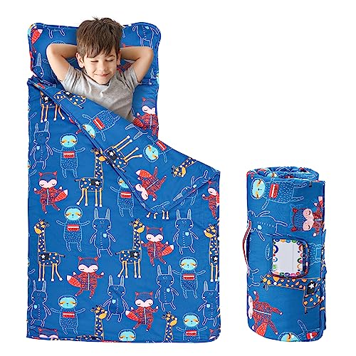 FAINSY Nap Mat for Preschool, 50x20 inch(Ages 3-5), 100% Cotton Fabric, Daycare Prek Pre-k Kindergarten with Pillow and Blanket, Sleeping Mat Slumber Bag for Toddler Kid Boy Girl (Dancing Fox Sloth)