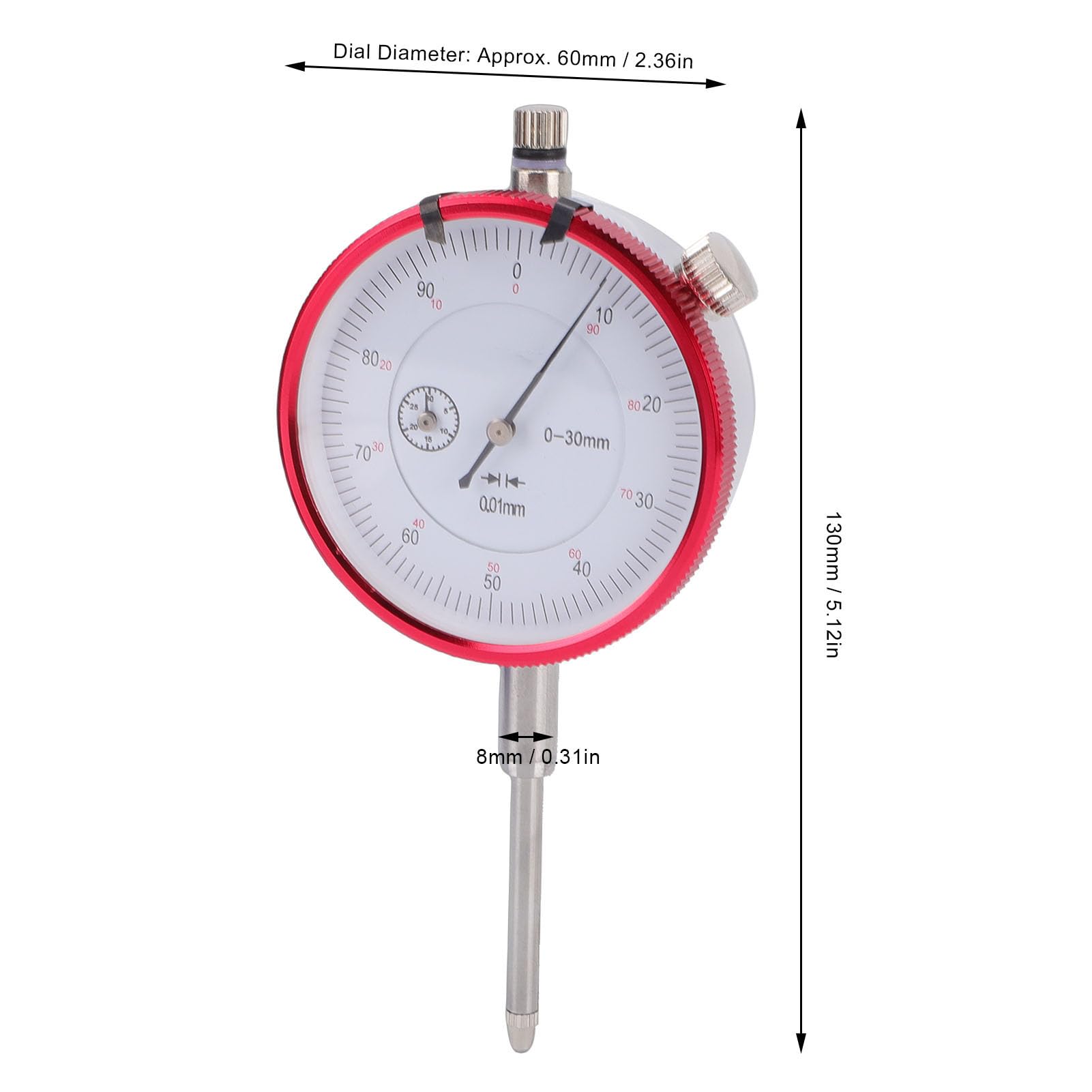 Garosa Indicador de Cuadrante Rango de 0 a 30 Mm Precisión de 0,01 Mm Acero Inoxidable a Prueba de Golpes, con Sonda Reemplazable y Perilla de Bloqueo para Torno de Carpintería Taller