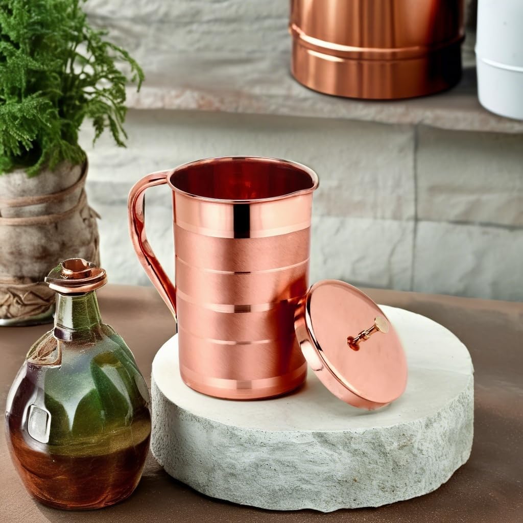 Zap Impex Pure Copper Pitcher with a Lid, Large Size Solid Copper, Copper Water Luxury Jug, Capacity 54 Oz/1600ml, Copper Carafe For Home, Hotels & Gifting
