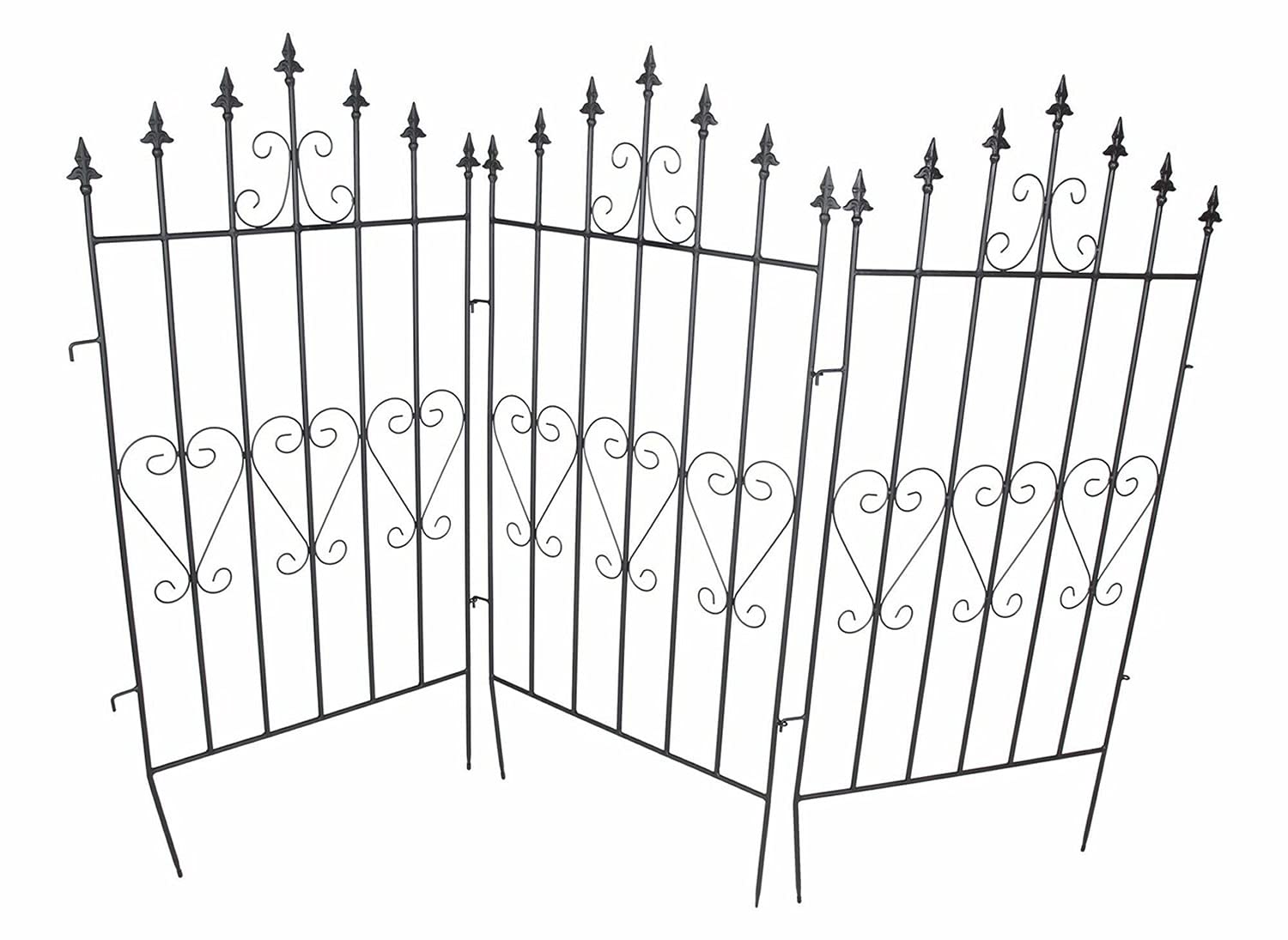 Dekozaun Lilie, 4er Set, 111 cm hoch, erweiterbarer Vintage Metallzaun schwarz, Gartenzaun, Steckzaun, Zierzaun, Vorgartenzaun, 4x Zaunelement 53 cm breit zum Stecken