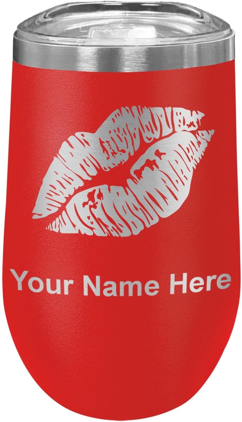 LaserGram 16oz Double Wall Stainless Steel Wine Glass Tumbler, Lipstick Kiss, Personalized Engraving Included (Red)