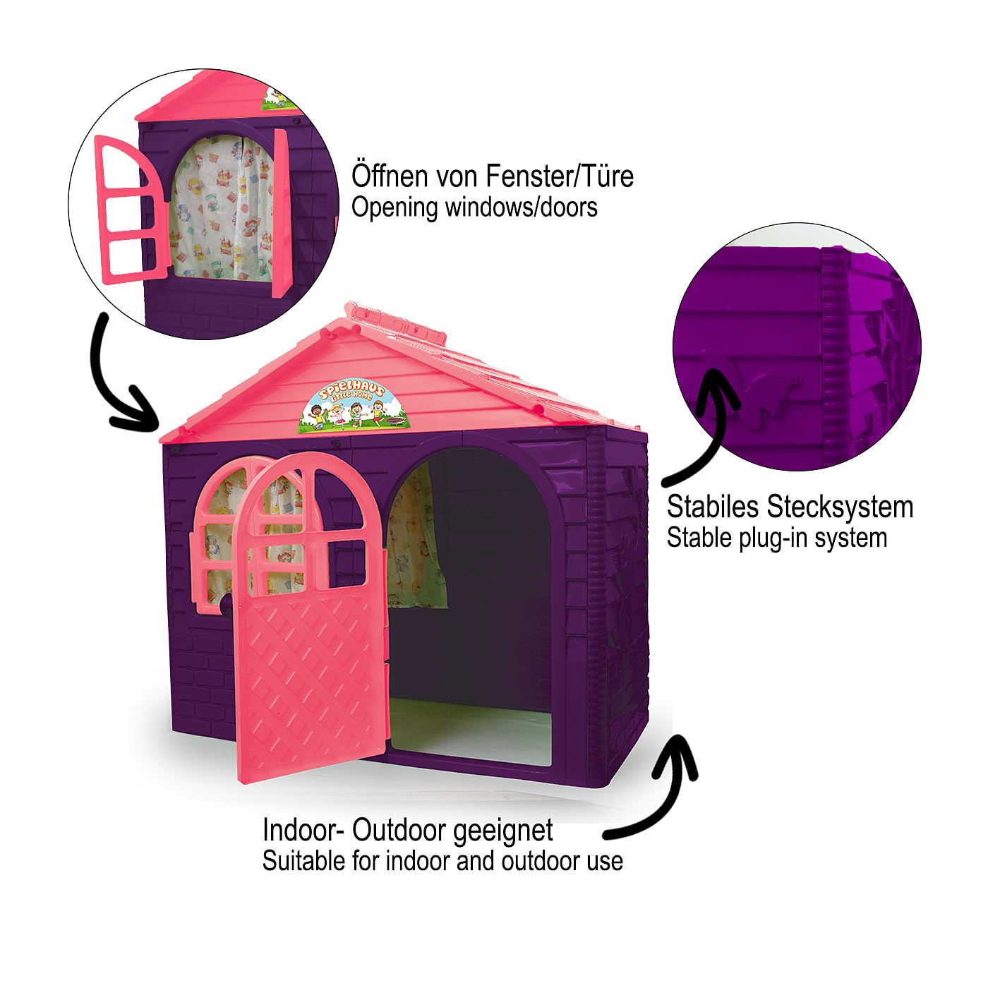 JAMARA Little Home 460498 - Casetta giocattolo in plastica robusta, montaggio stabile, facile da pulire, adatta per interni ed esterni, per porte e finestre si aprono, tende
